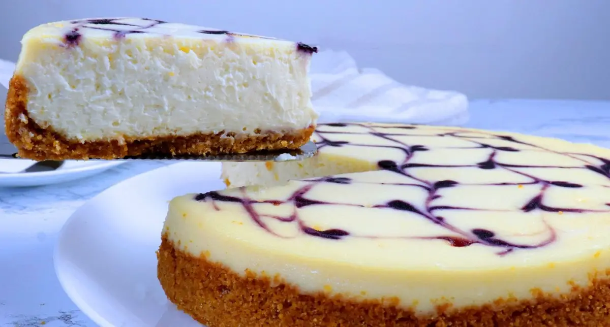 Slice of Blueberry Swirl Cheesecake