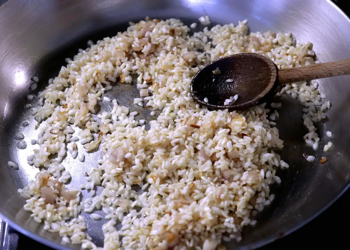 Arborio rice in saucepan