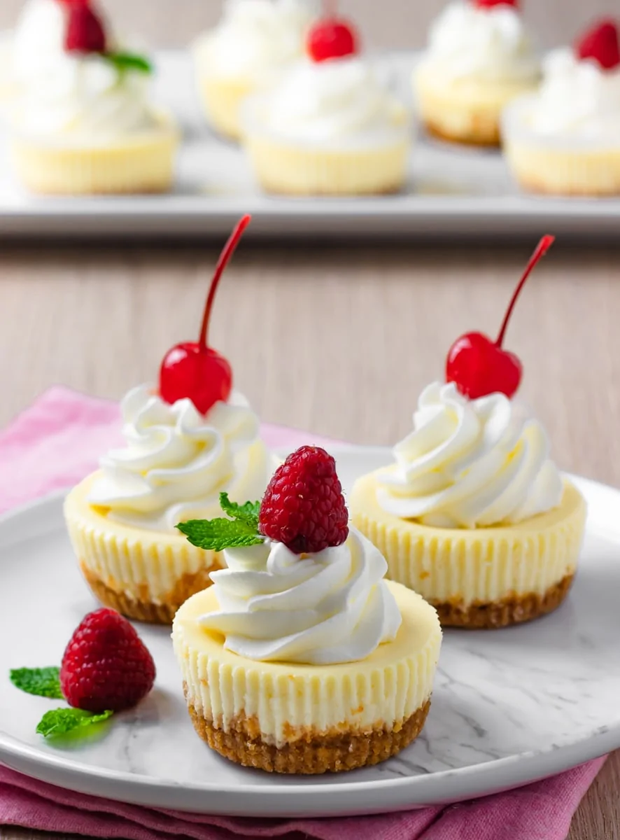 Cheesecake bites with whipped cream topped with raspberry and maraschino cherries