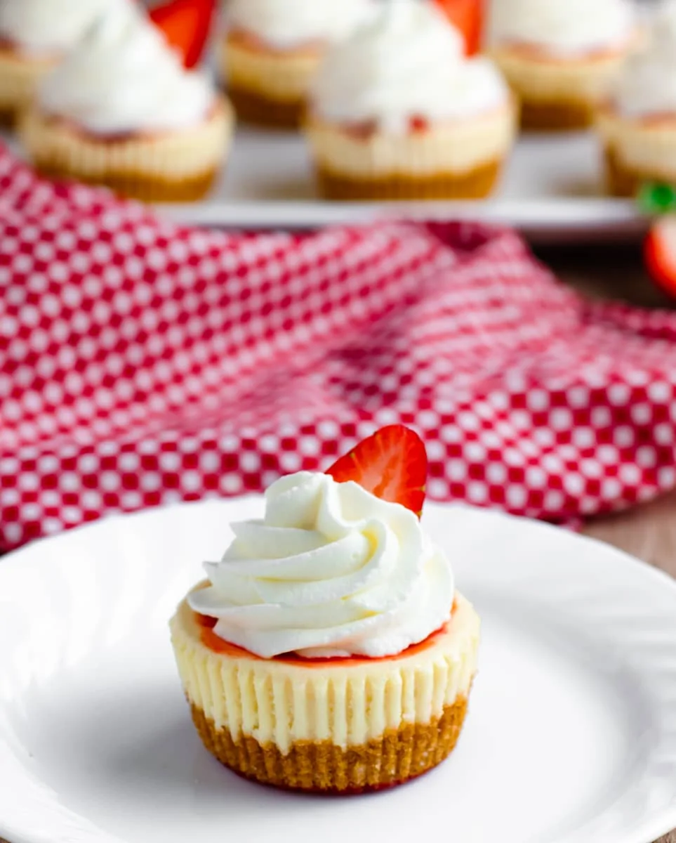 Mini Cheesecake with Whipped Cream and Sliced Strawberry