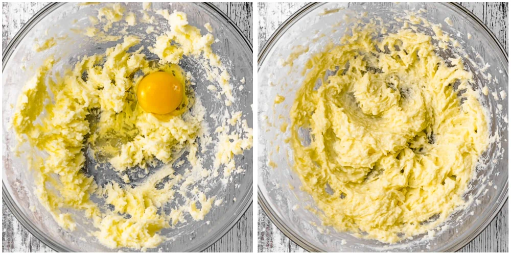 Mixing egg and lemon juice into cookie dough