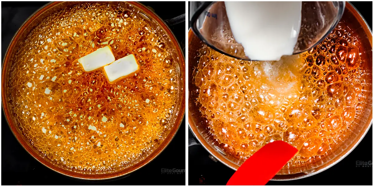 adding butter and cream to caramel
