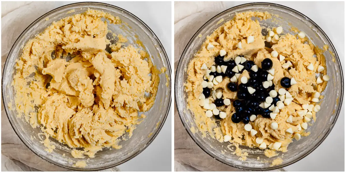 folding in blueberries and white chocolate chips