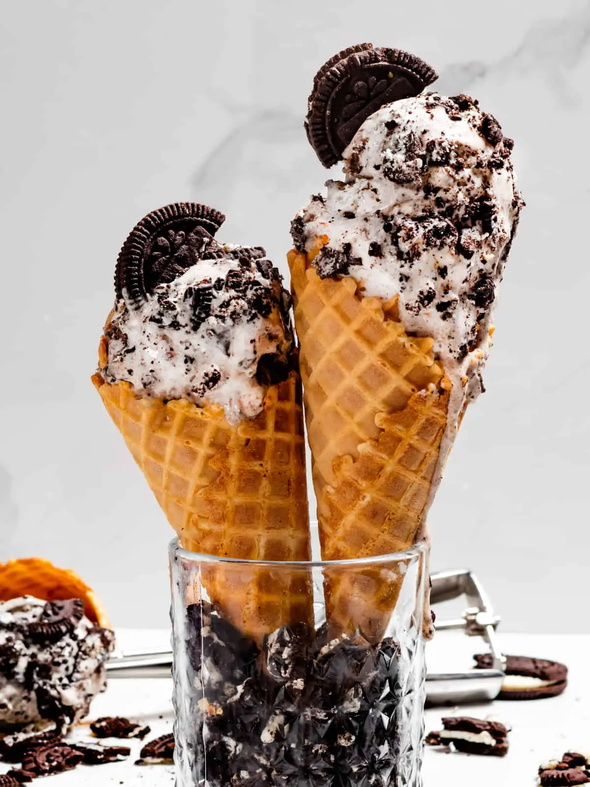 Oreo ice cream in waffle cone