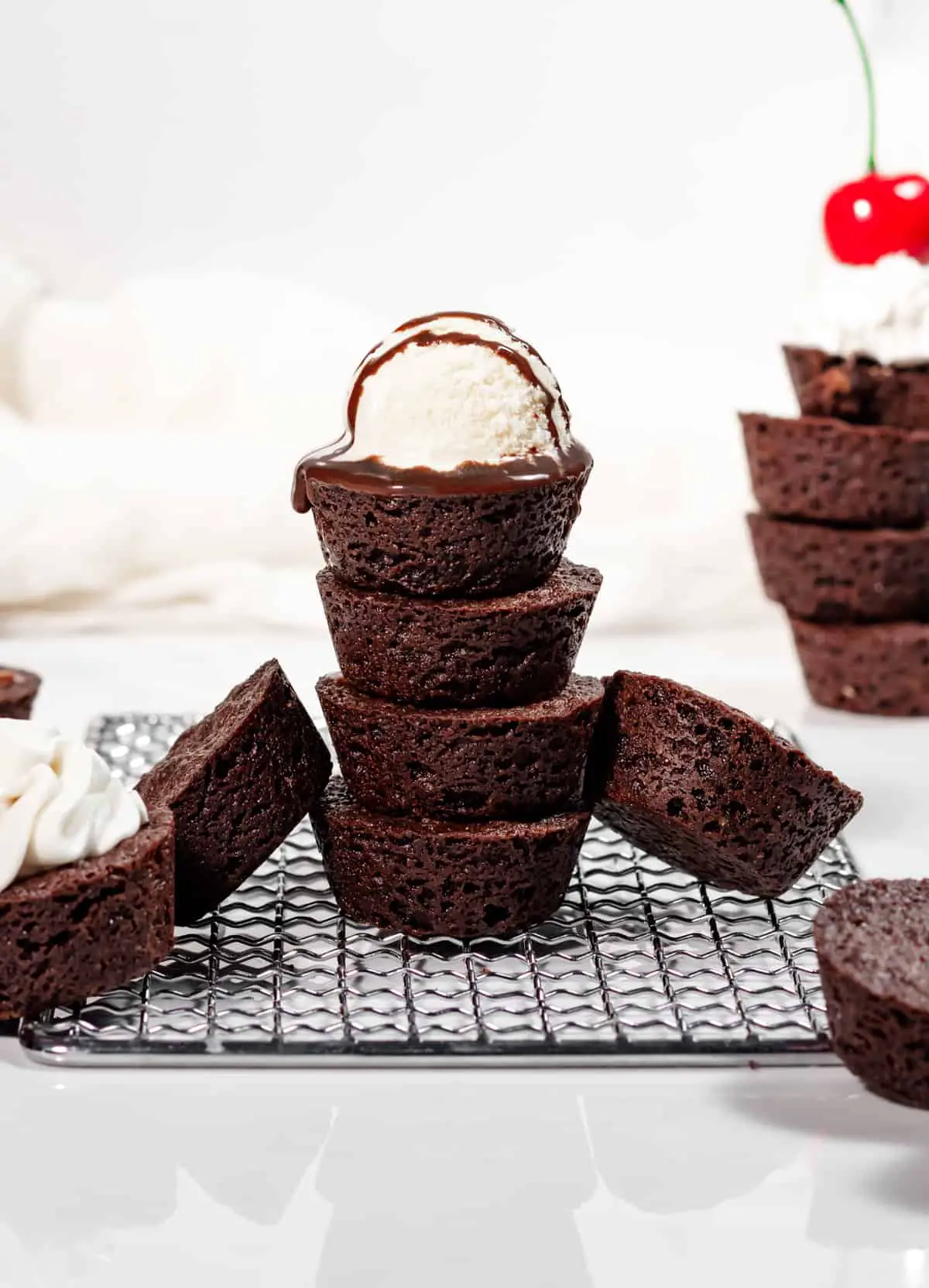 brownie bites stacked with ice cream
