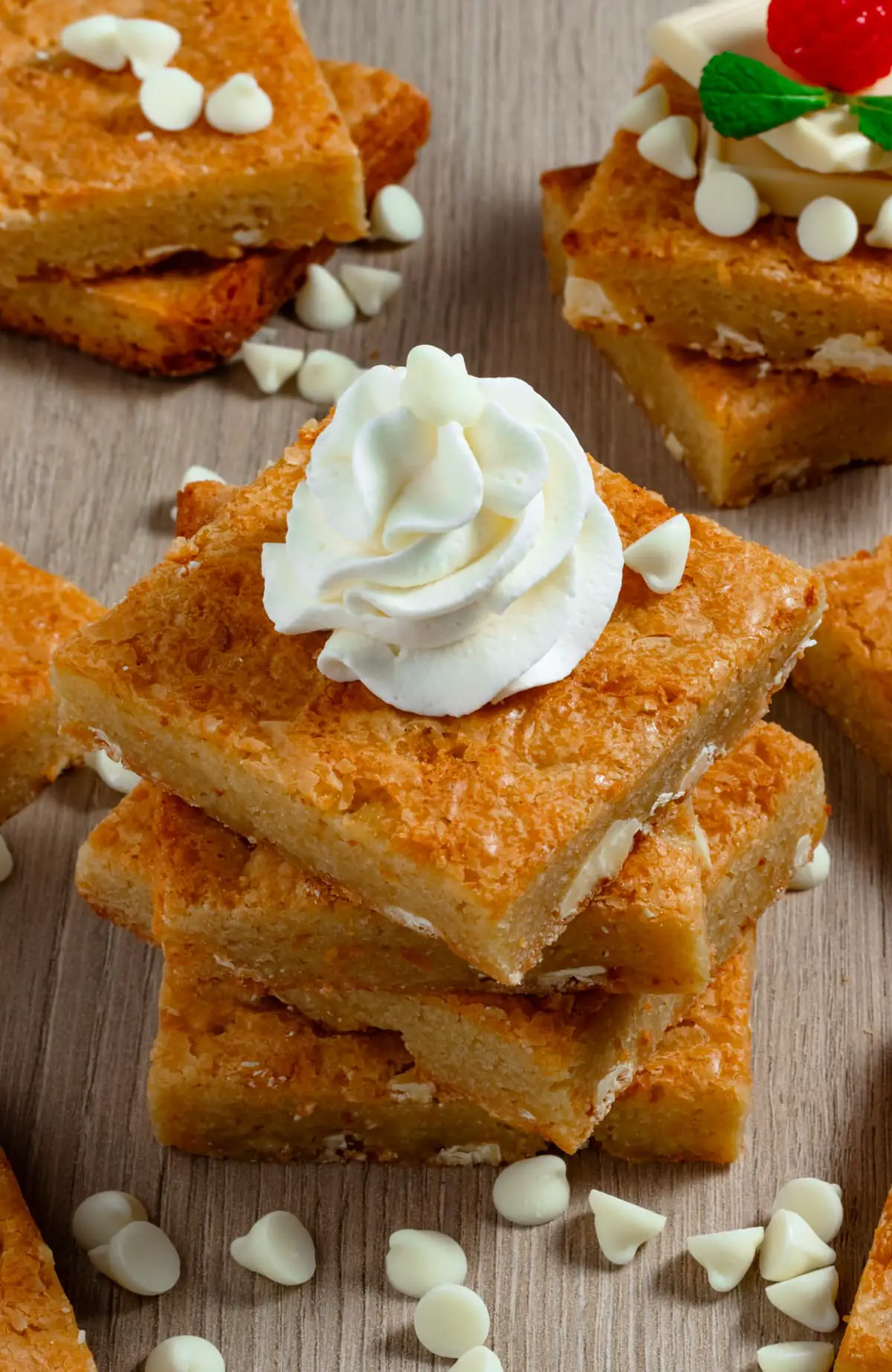 blondies with whipped cream and white chocolate chips