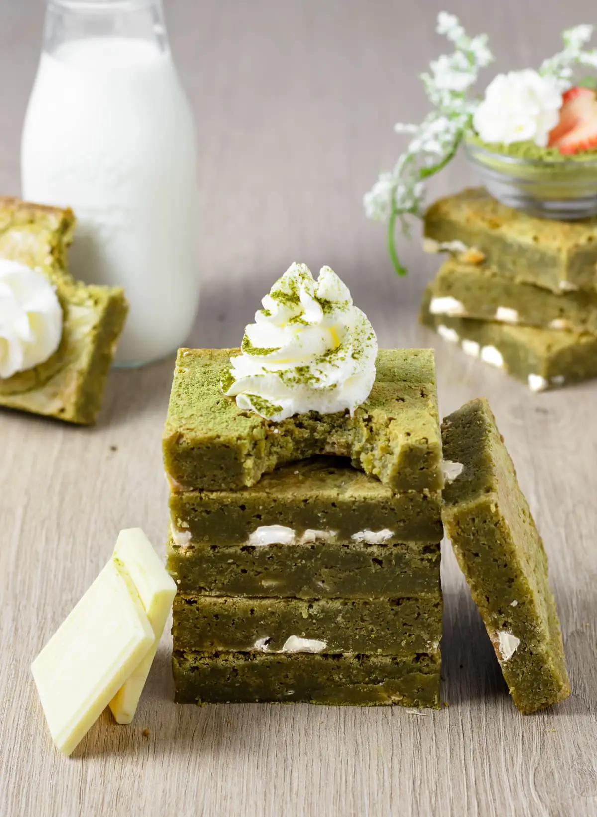 matcha brownies with whipped cream
