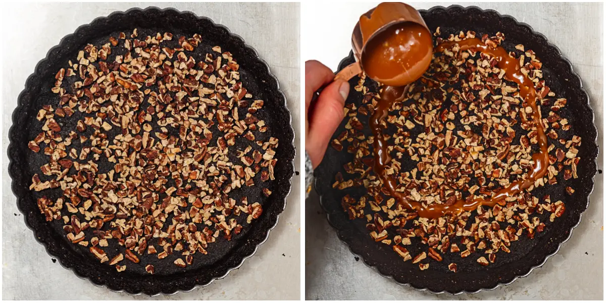 roasted pecans and caramel sauce on top of crust