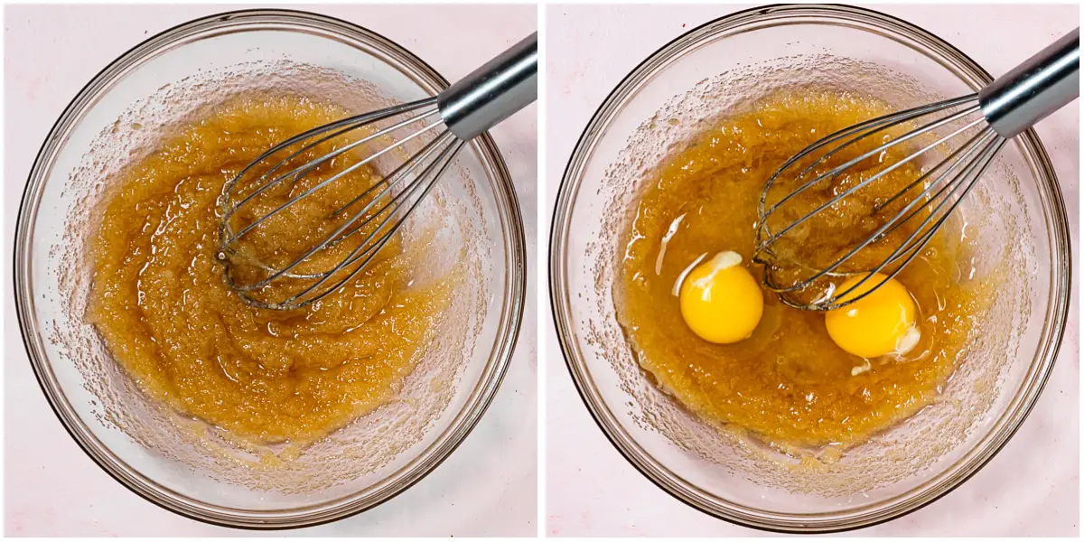 whisking sugar, oil, and eggs